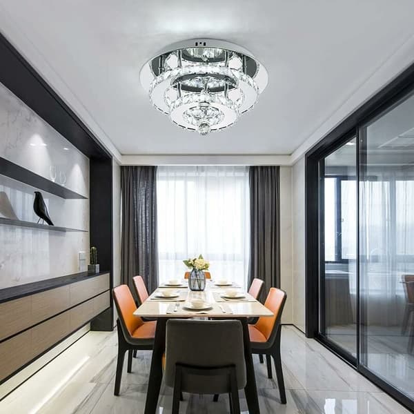 Ubesværet installation Multi Ring Krystal Loftlampe, Måneformet Krystal Flush Mount Krom Finish Rustfrit Stål+Krystal til din boligindretning