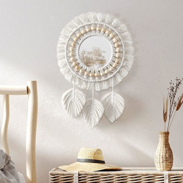 Bohemisk Macramé Väggspegel, Underbar Minimalistisk Design, Högkvalitativt Bomullshantverk, Stilfull Miljövänlig Dekor, Idealisk Retrostil för Hemmet