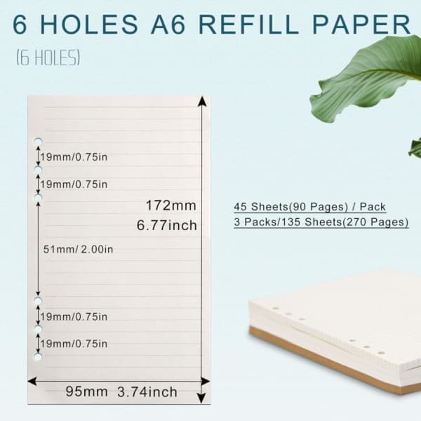 A6 Refill Paper, 3 Packs 100GSM Thick Refillable Paper 6-Hole Refill Sheets Loose Leaf Refill 135 Sheets (270 Pages)