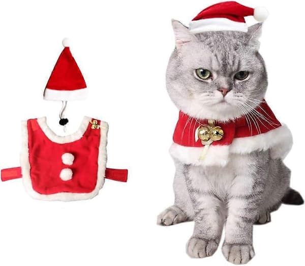 Kat Julekostume Julemandsseng med Klokker Sød Julehat Sæt med Gave til Sød Hund og Killing (S)