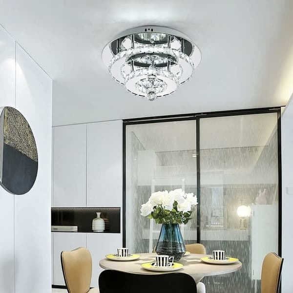 Ubesværet installation Multi Ring Krystal Loftlampe, Måneformet Krystal Flush Mount Krom Finish Rustfrit Stål+Krystal til din boligindretning