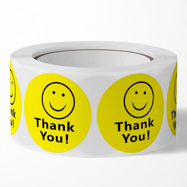 500 kpl sinetöityjä teematarroja - Kiitos Emoji Smiley, lahjalappu