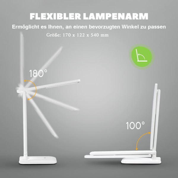 Dimbar Vikbar Skrivbordslampa med Ögonskydd och Minnesfunktion, Känslig Touchkontroll för Läsning, Arbete, Studier, Integrerad 5V USB-Laddningsport,