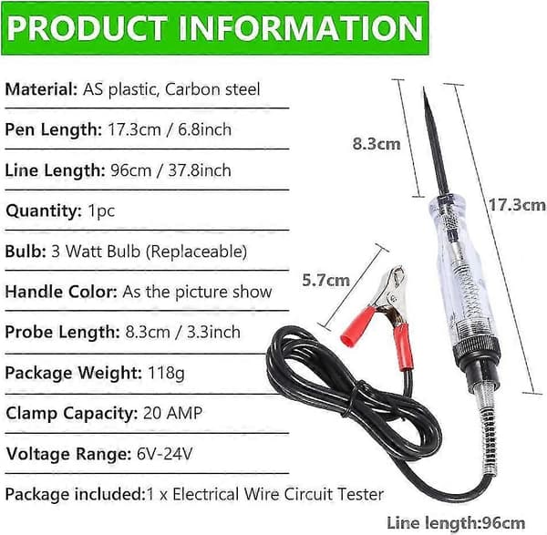 Elektrisk testpenn, spenningskrets tester probetester 6v/24v