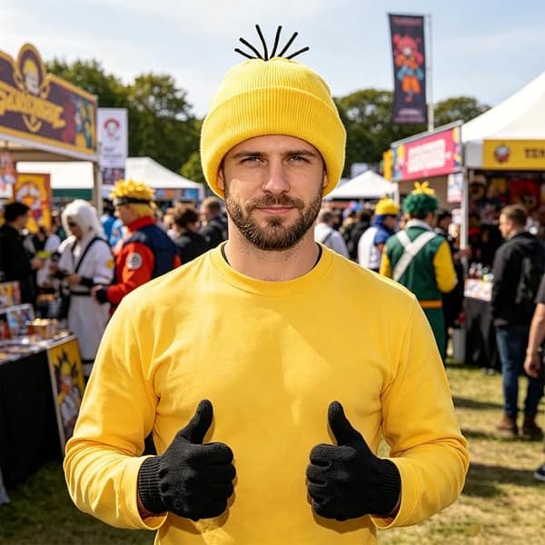5-delt Minions Kostume Tilbehørssæt, Halloween Kostume Karneval: Gul Hat, Briller, Handsker, Knapper, Rem