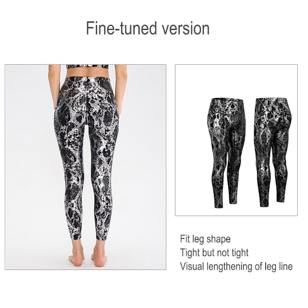 Högmidjade mönstrade leggings för kvinnor, fullängd, ormskinnsmönster, yogabyxor - svart