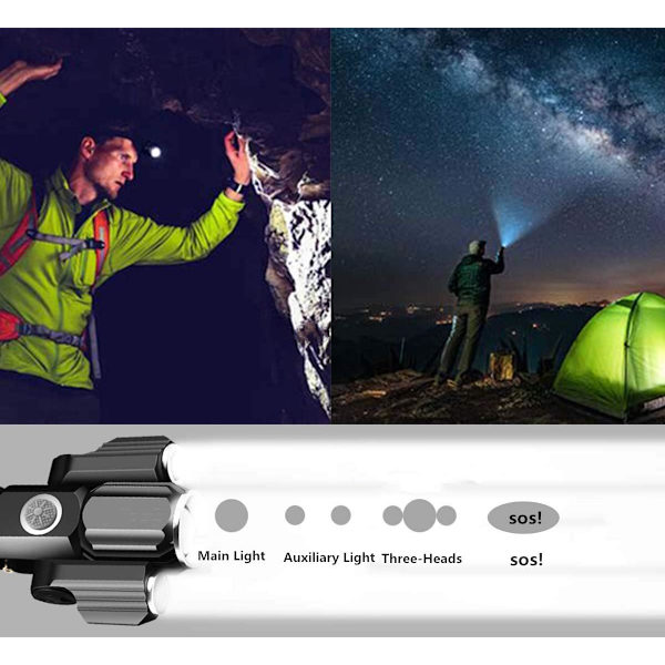 Bärbar Multifunktionell Ficklampa, Taktisk Ficklampa med Zoombar 3 Huvuden, 1000 Lumen Hög Ljusstyrka för Nödsituationer & Utomhusaktiviteter
