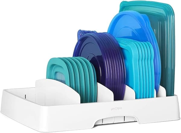 Matbehållarlock Organizer, Stor Justerbar Plastlock Förvaring