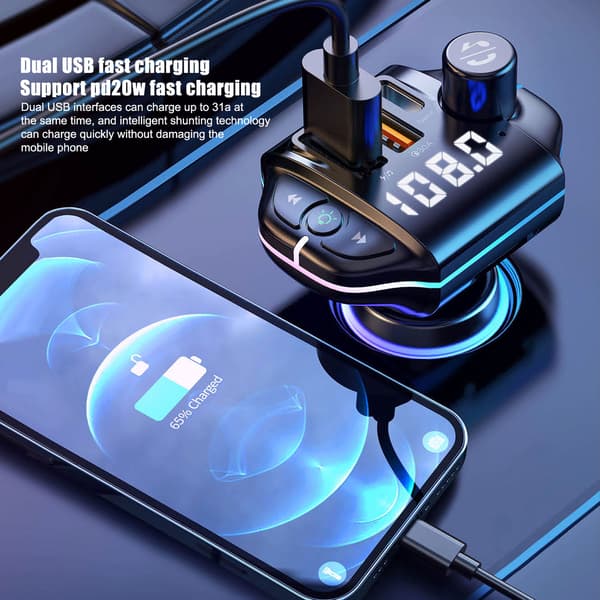 Trådløs Bluetooth Biladapter, FM-senderoplader med lynhurtig Bluetooth 5.4-teknologi til problemfri lydstreaming og høj hastighed