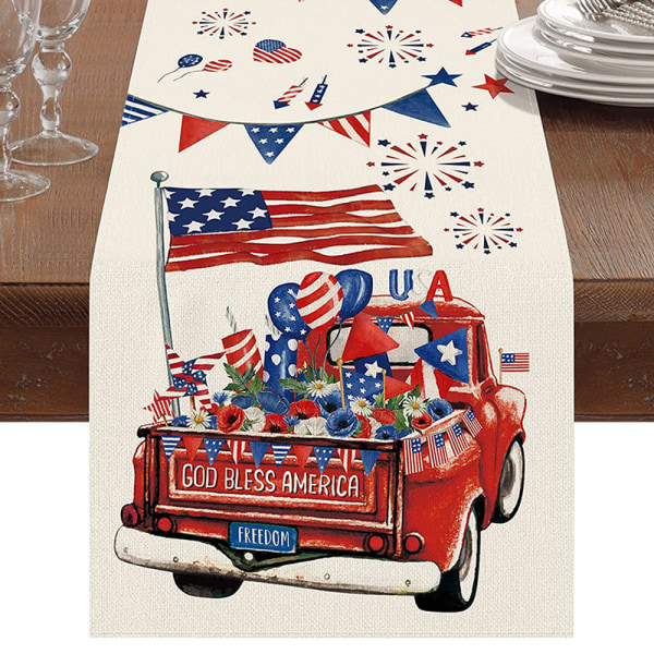 4:e juli bordslöpare, säckväv patriotisk dekoration för hemmet