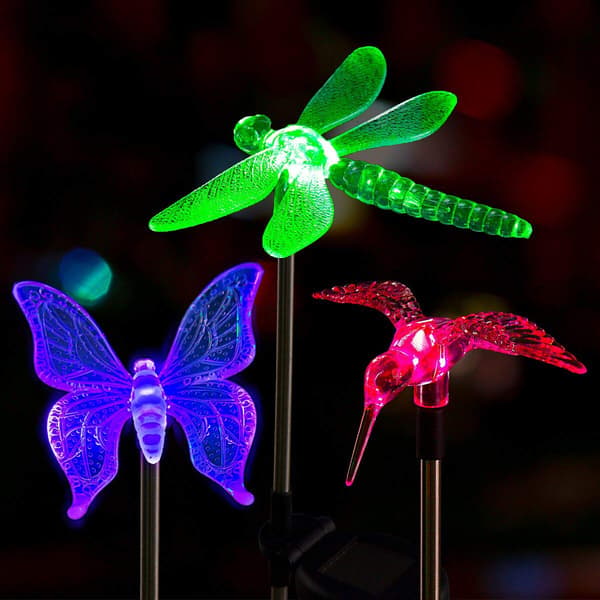 3-pack Multifärgade LED-solcellslampor för trädgården i Fjäril, Dragonfly och Kolibri