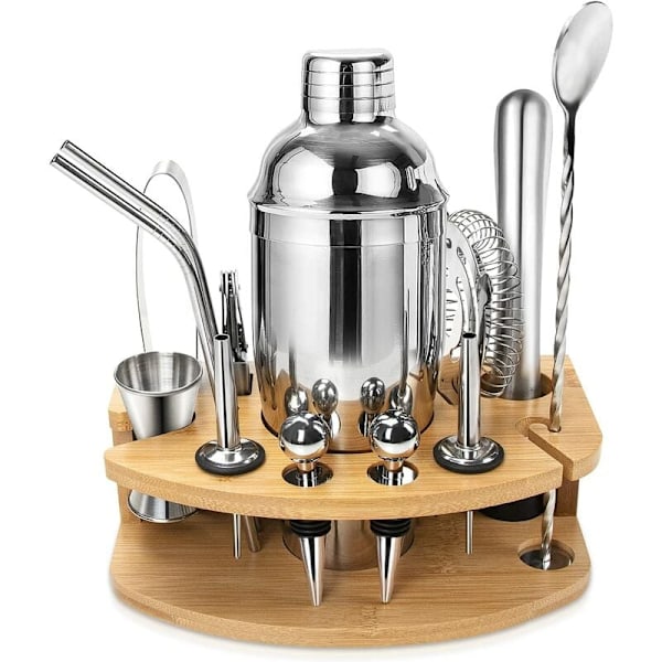 Bartender's Deluxe Set, 750ml Cocktail Shaker, Bambuställ, Rostfria Barverktyg, Diskmaskinskompatibel, Enkel Förvaring för Professionella