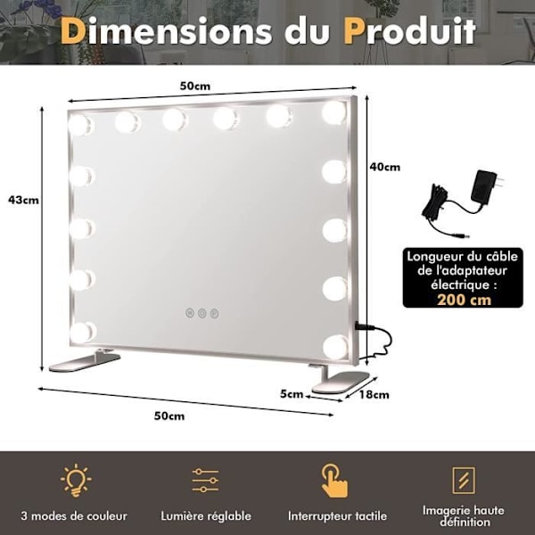 COSTWAY Hollywood Makeup Mirror, 14 LED-lampor, Smart Touch Control, 3 ljusfärger, justerbar ljusstyrka