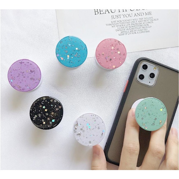 Round Glitter Mobilhållare / Mobilgrepp - Vit Vit