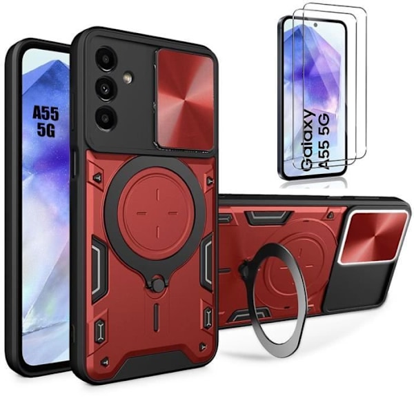 Skyddsskal - Samsung - Galaxy A55 5G - PC-armour - Rotatable Stöd - 2 Härdat glas Röd
