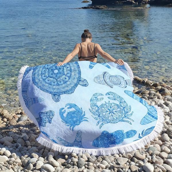 100cm x 100cm Merenelävät Mikrokuitu Pyöreä Hapsullinen Rantapyyhe D