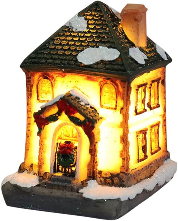 Jule-tema miniaturehus i harpiks, LED-natlampe i harpiks – A A