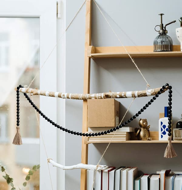1 Svart 147 cm Träpärla Hängande Charm med Fransar, Rustik Gård