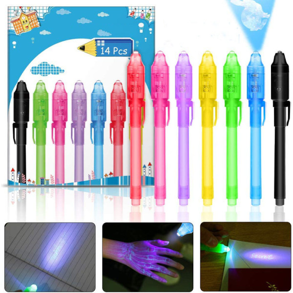 14 x hemlig penna med UV-ljus skriv osynlig läsbar av ljus
