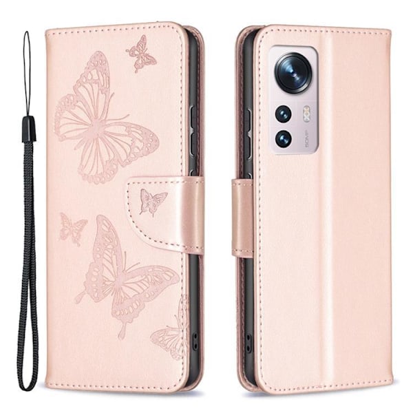 Butterfly Imprinted Plånboksfodral Xiaomi 12/12X - Rosa Guld