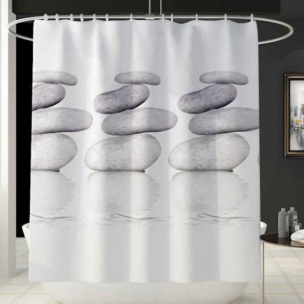 Grå textil duschdraperi med stenmönster, mögelresistent och vattenavvisande