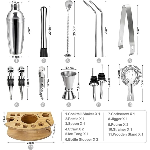Bartender's Deluxe Set, 750ml Cocktail Shaker, Bambuställ, Rostfria Barverktyg, Diskmaskinskompatibel, Enkel Förvaring för Professionella