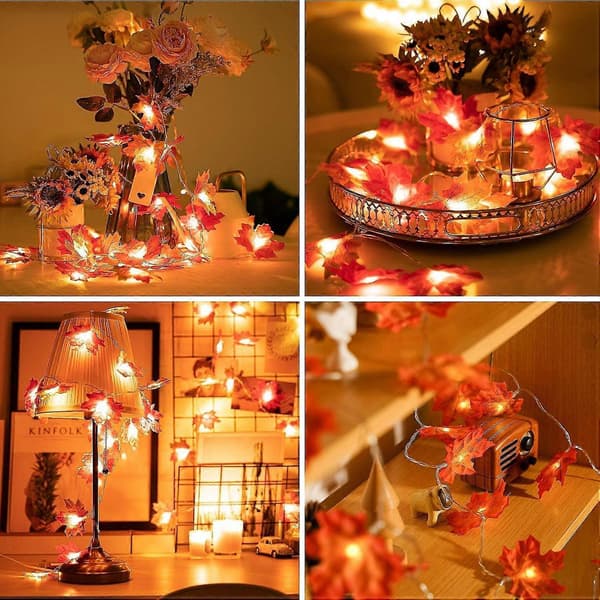 Høstkrans, høstblader, lønnebladkrans, høstgirlanderblader, perfekt dekorasjon til Thanksgiving og julelys (gul 3m 20led)