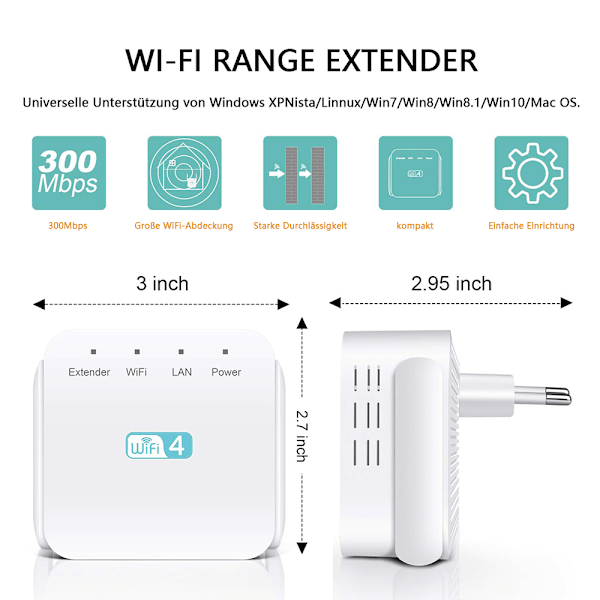 WLAN-förstärkare 300 Mbit/s WLAN-förstärkare 2,4 GHz WiFi-förstärkare WiFi-förstärkare med Ethernet-port, stöder 35 enheter, 4 lägen, kompatibel med alla WLAN