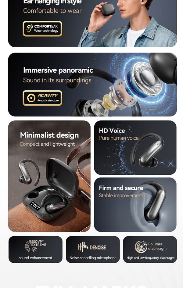 Designet for M144 Over-Ear TWS Bluetooth-ørepropper: Komfortable ørepropper for sport black
