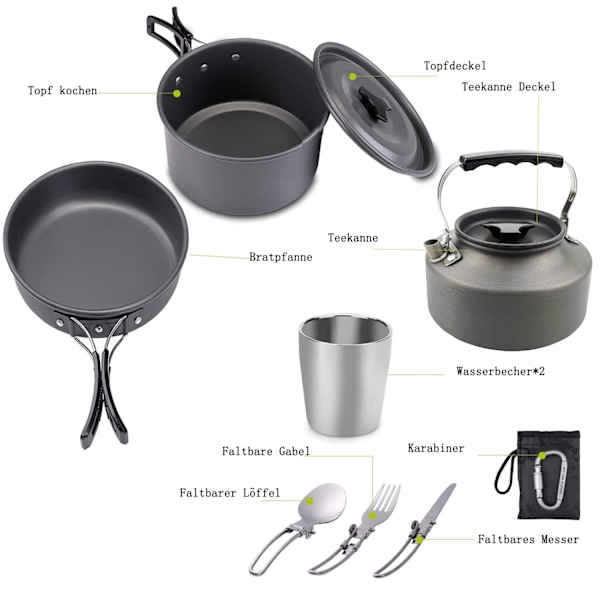 8-delad aluminium campingköksutrustning Campingbordsporslin Pot Set Utomhus Camping Matlagning Rostning Bordsporslin Kokkärl Set Köksutrustning Pot Set 2-3 Personer