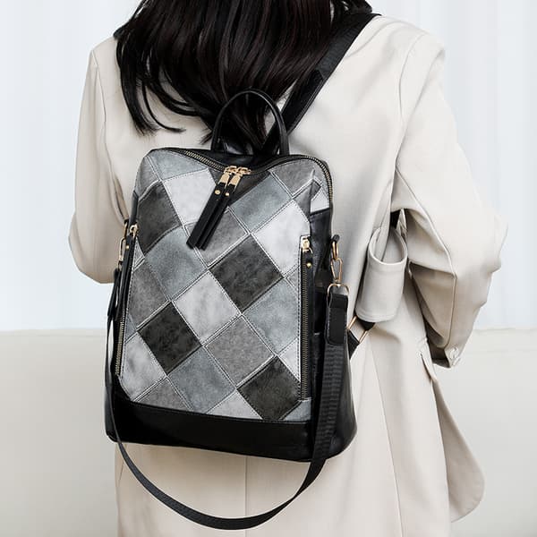 Patchwork diamant-quiltet PU-ryggsekk, stor kapasitet, svart black