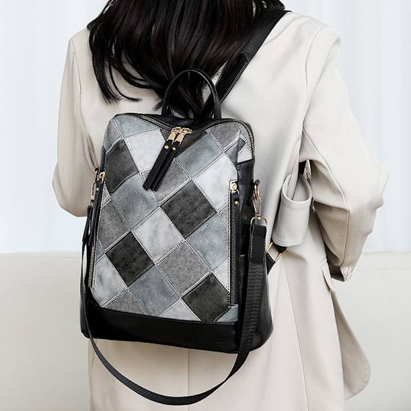 Patchwork diamant-quiltet PU-rygsæk, stor kapacitet, sort black