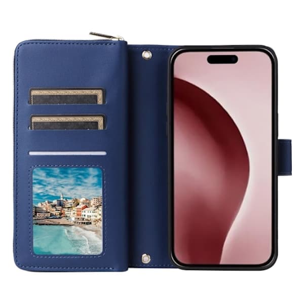 iPhone 16 Pro Etui med Lynlås og Ni Kortlommer - Læder Cover Blå Blå