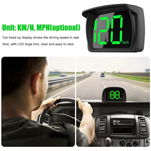 Plug and Play Bil HUD Head-Up Display för Fordon, LED Stor Teckensnitt Display GPS Digital Hastighetsmätare, Varningsfunktion för Överhastighet, Körriktning, Vägtull