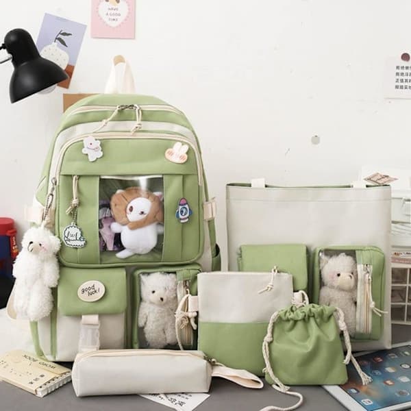 Lærredsskolesæt, Kawaii pige studenter skoletaske blå green