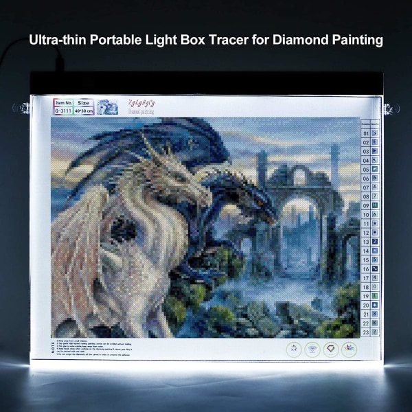 Ljusplatta Linjal A3 LED 3-lägen Diamond Painting Ritplatta Vit