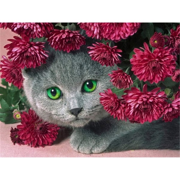 Diamond Painting / Diamantmålning 30x40cm - Katt med Blommor multifärg