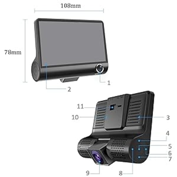 3 i 1 Dashcam och Backkamera Spegel Backspegel Svart