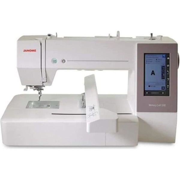Broderimaskin - Janome - Memory Craft 550E - Broderiram RE36b - Automatisk nåletråder - Vit färg