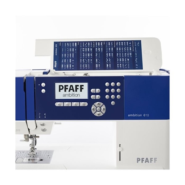 Elektrisk symaskin PFAFF AMBITION 610 - Dubbelmatning IDT - 110 stygn - Blå Vit