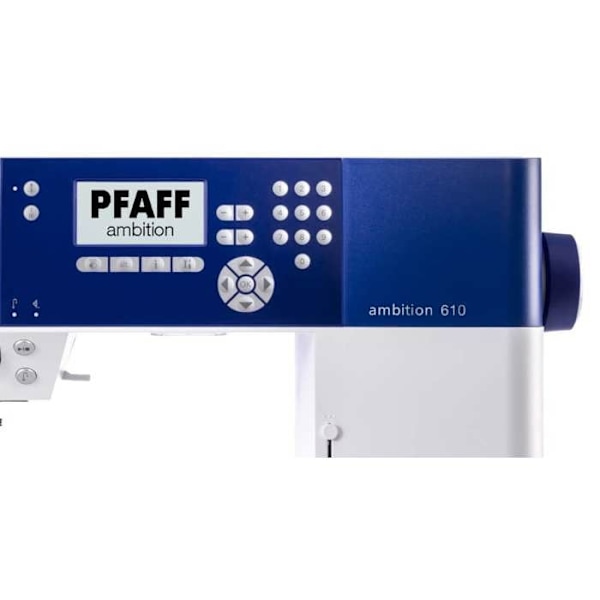 Elektrisk symaskin PFAFF AMBITION 610 - Dubbelmatning IDT - 110 stygn - Blå Vit