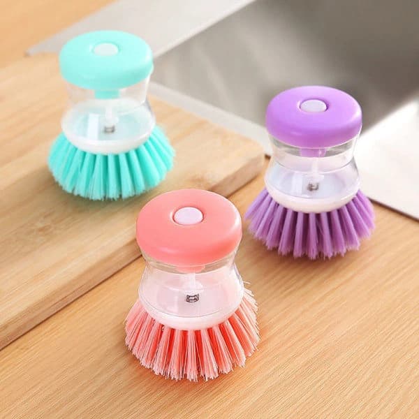 A set of three powerful cleaning brushes with short bristles: practical kitchen utensils