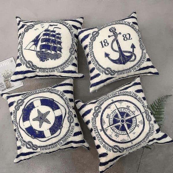 4-pack Kuddfodral Segling Navigering Kompass Dekorativa Kuddfodral Bomull Linne Prydnadskuddar 45x45 Cm
