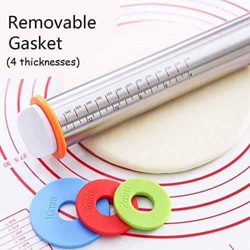 Non-Stick Rolling Pin, Stainless Steel Rolling Pin with Adjustable Discs and Measurement Markings Silicone Baking Mat