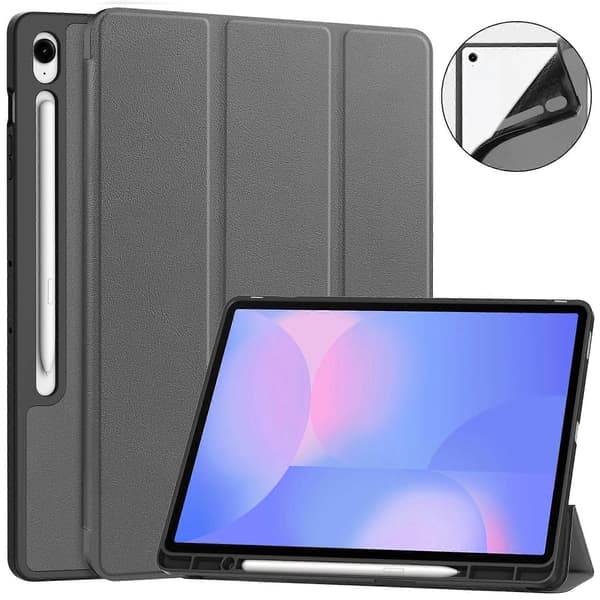 För Samsung Galaxy Tab S10 FE+ Ställfodral Stötdämpande Läder Tablet Skydd med Pennhållare Grå