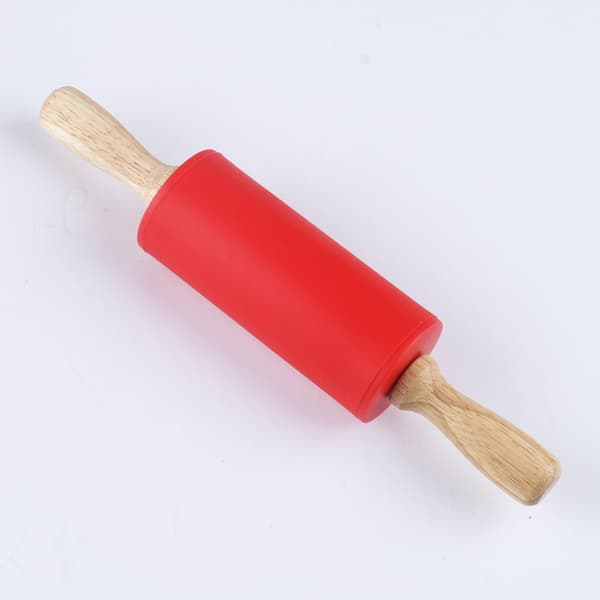 Anti-Rolling Rolling Pin (Red) - Non-Stick Silicone Coated Surface Wood H