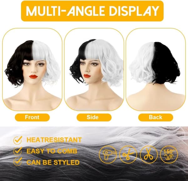 Half Black Half White Short Wavy Wig, Short Wavy Wig with Elastic