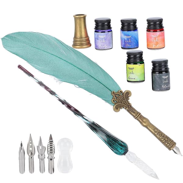 Calligraphy Pen Set Glass Ink Feather Fountain Pen with Replaceable Nibs Writing Gift Box KitSP118043 Pearlescent Dark Green