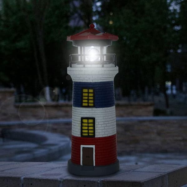LED solcellefyr statue roterende udendørslys have gård græsplæne håndværkspynt (sort og hvid)