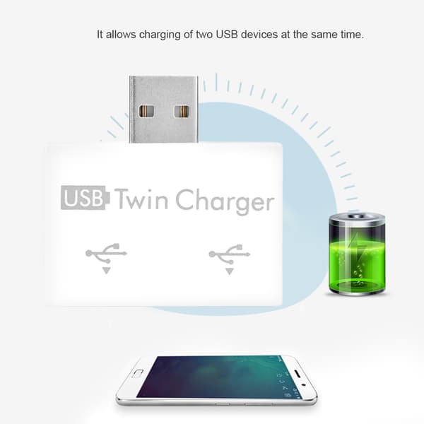 USB2.0 han til 2-ports USB dobbelt oplader splitter adapter konverter hub (hvid)